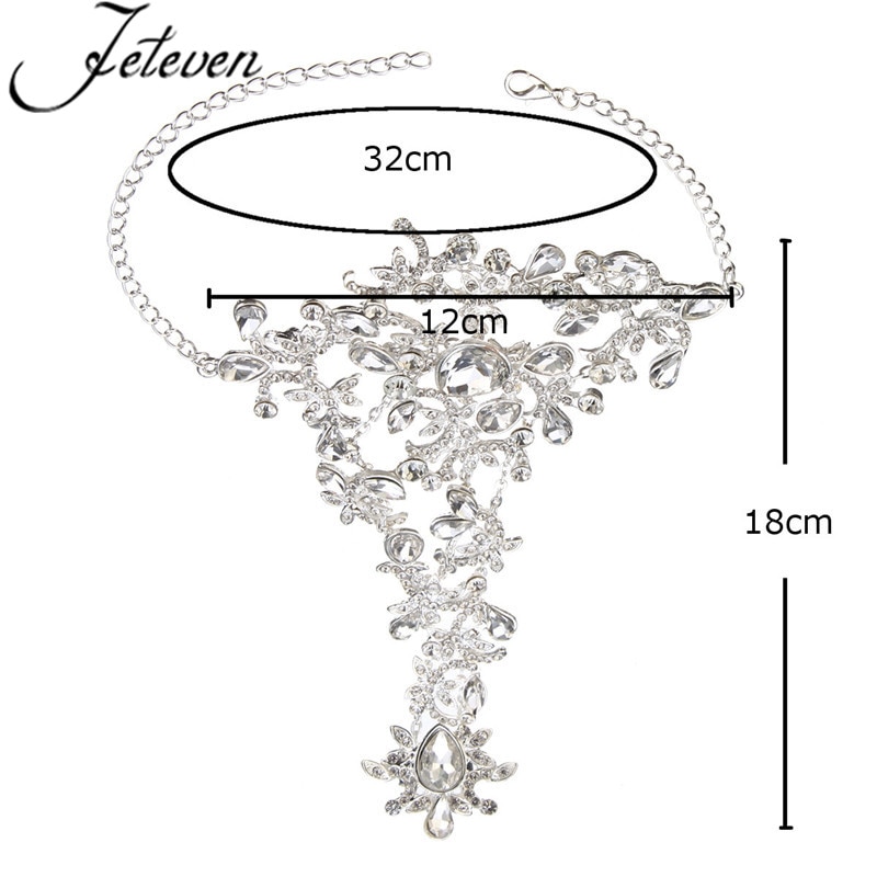 Clear Crystal Bridal Ring Bracelet Luxury Tear Rhinetone Chain Link Bangle Finger Ring Wraps Slave Bracelet Wedding Jewelry