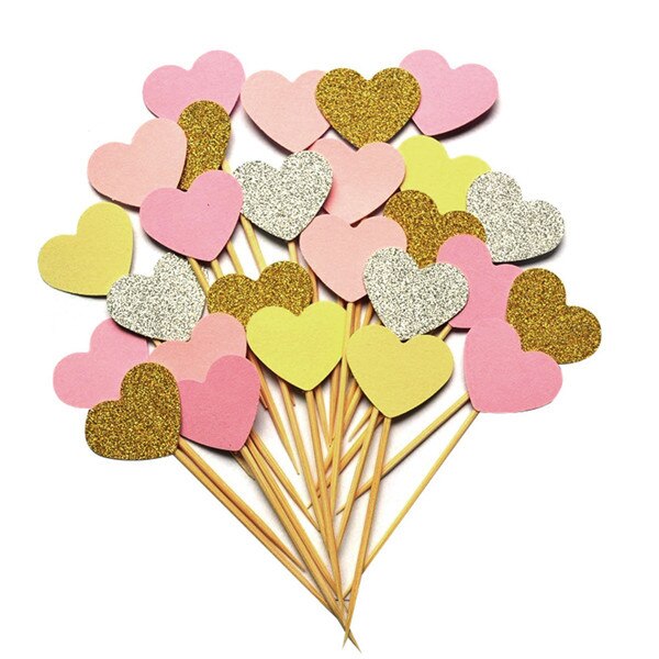 40PCS/set Handmade Lovely Pink Heart Cupcake Toppers Cake Party Supplies Birthday Wedding Party Decoration P20: Pink