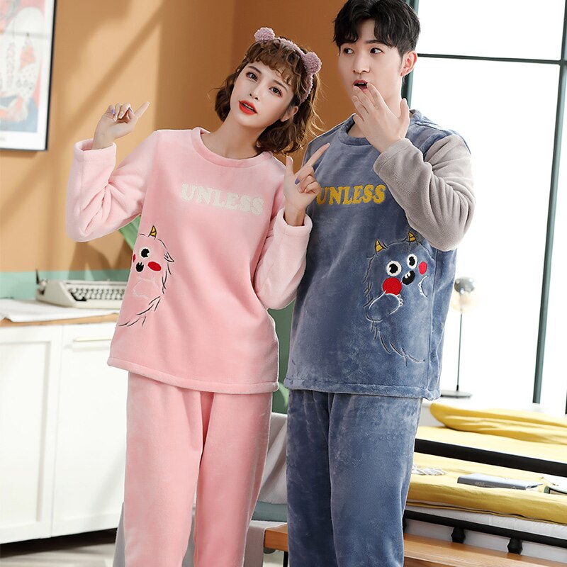 Coral couple pyjamas men and women autumn/winter long sleeve less plush home suit thickened