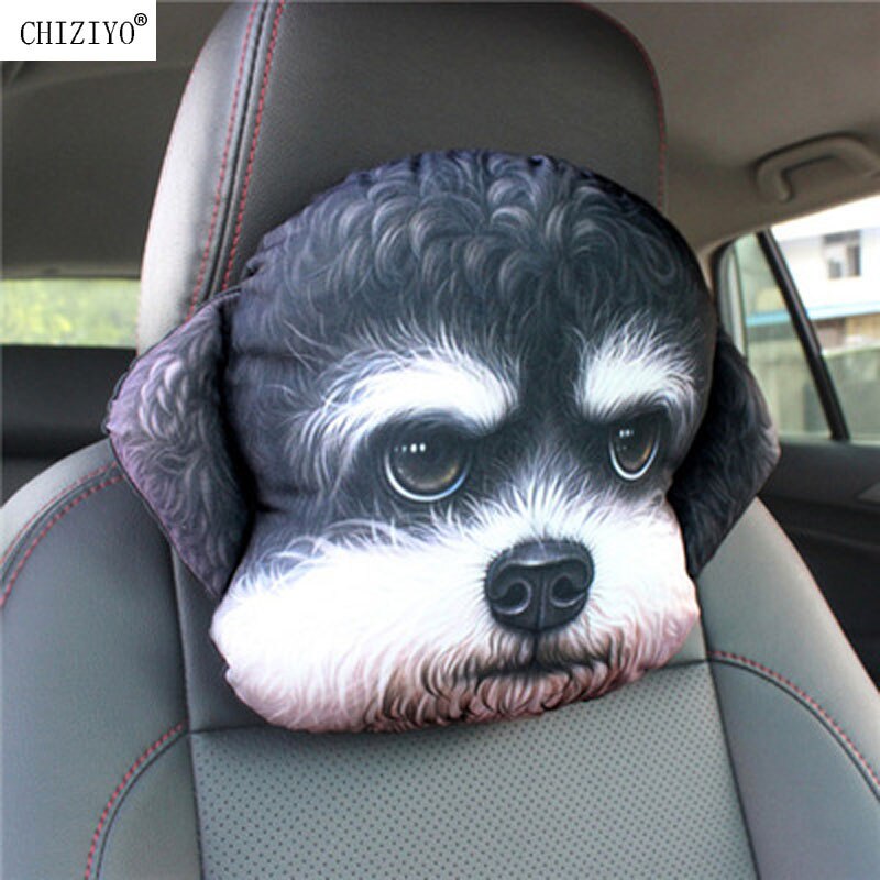 CHIZIYO 1PC 3D Printed Dog Face Auto Car Neck Pillow Seat Head Rest Breathable Cushion Headrest