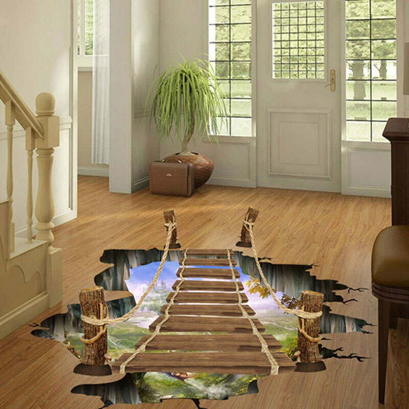 Mural pequeño en 3D, puente suspendido, Fondo de foto de paisaje natural, papel pintado de suelo para decoración de baño FP8