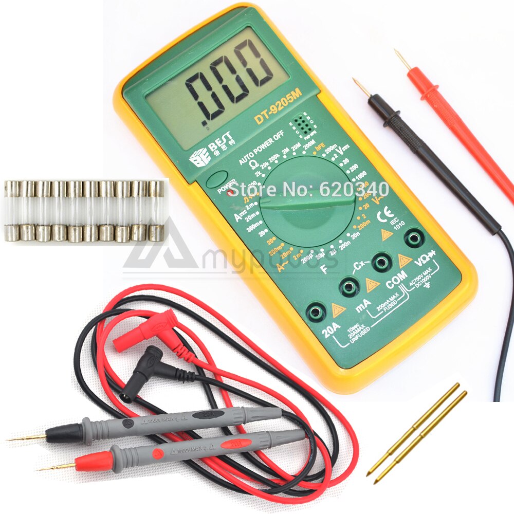 BEST DT9205M LCD Digital Multimeter Voltmeter Ohmmeter Ammeter Capacitance Tester + Glass Fuses + Probe Wire Pen Cable + Probe