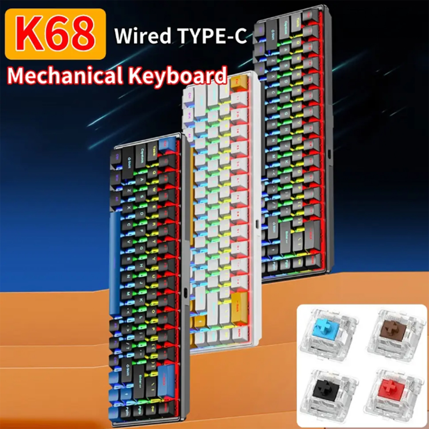 68 Keys Mechanical Keyboard RGB Backlight Wired Gaming Keyboard Ergonomic Swappable Keyboard for Win/Mac/PC Office Computer