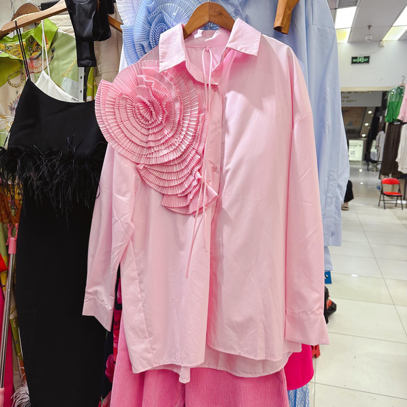 Bluse für Frauen 2025, Temperament, 3D-Blumenhemden, übergroße Spitzen, Langarm, Camisas De Mujer, modische weiße Freizeitblusen: S / Rosa