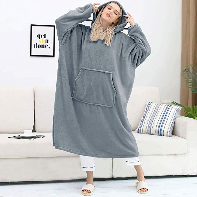 Super Long Oversized Blanket HoodieWinter Hooded Wearable Family TV Blanket with Sleeves Thicken Sherpa Fleece Hoody Sweatshirt: Gray
