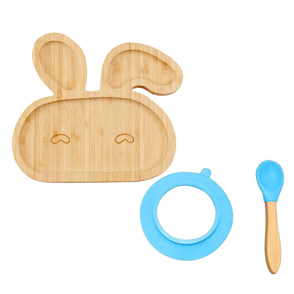 Baby Toddler Bamboo Sheep Plate Silicone Suction Feeding Bowl Suction Spoon Set Tableware Kitchen Accessories #30: Blue
