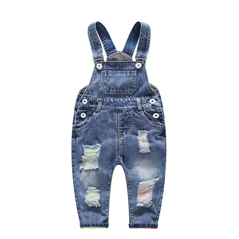 Spring Autumn Denim Jumpsuit Hole Button Suspender Baby Boys Girls Overalls Kids Child Jeans Trousers 1-4 Y Unisex Toddler Pants