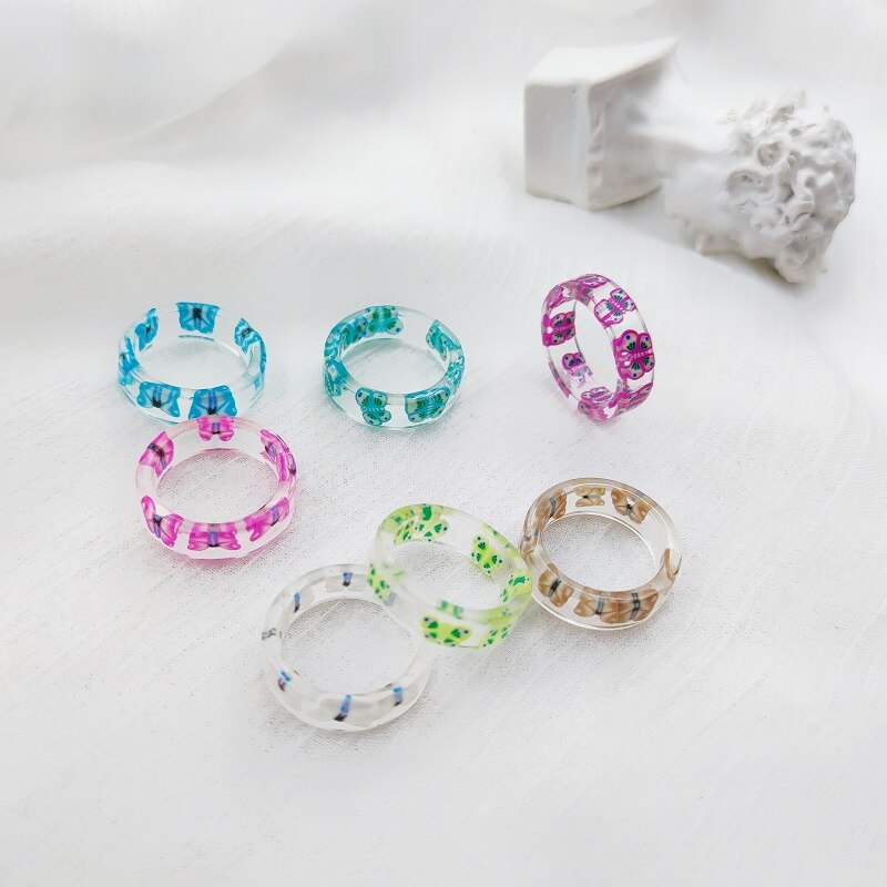 anillos mujer alianzas de boda pareja anillos aesthetic anillo mujer anillos tous 20 piezas / lote color transparente resina acrílico anillo mujer niña flor mariposa sonrisa carta impresión joyería al por mayor: butterfly