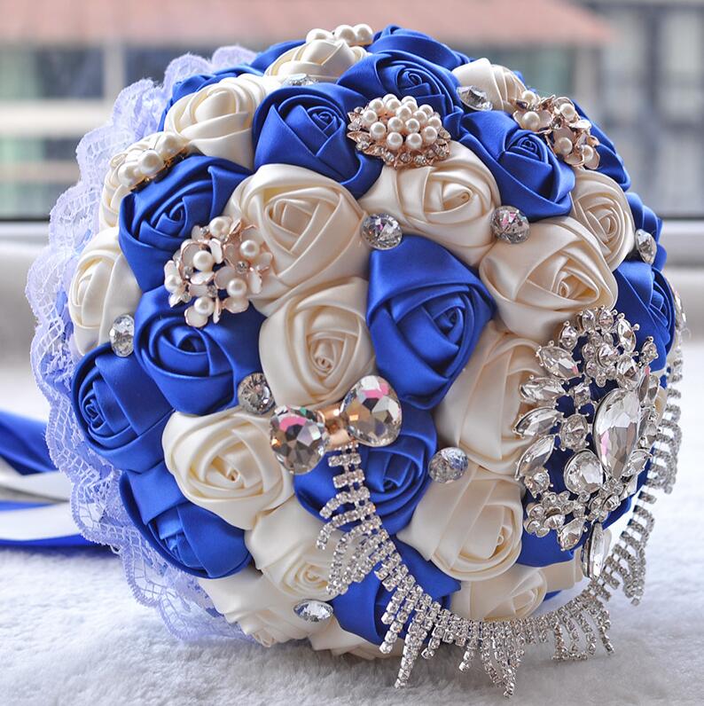 JaneVini Flores Boda Royal Blue Wedding Bridal Bouquet Luxury Crystal Beaded Bride Flower Bouquet Sposa Rhinestones Satin Brooch: Royal Blue