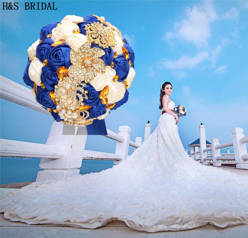 Fleur de mariage bleu Royal luxe or strass mariée fleurs pour mariage Photo réelle mariage Bouquet mariée demoiselle d'honneur