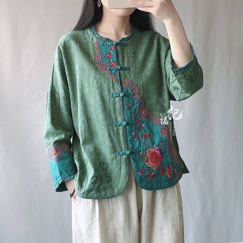 Ropa de estilo chino bordado Retro para mujer, traje Tang de té Zen chino, Tops Hanfu de lino y algodón para mujer KK3633