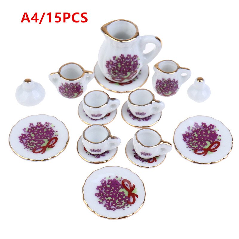 15Pcs 1:12 Miniature Porcelain Tea Cup Set Chintz Flower Tableware Kitchen Dollhouse Furniture Toys For Children: A4