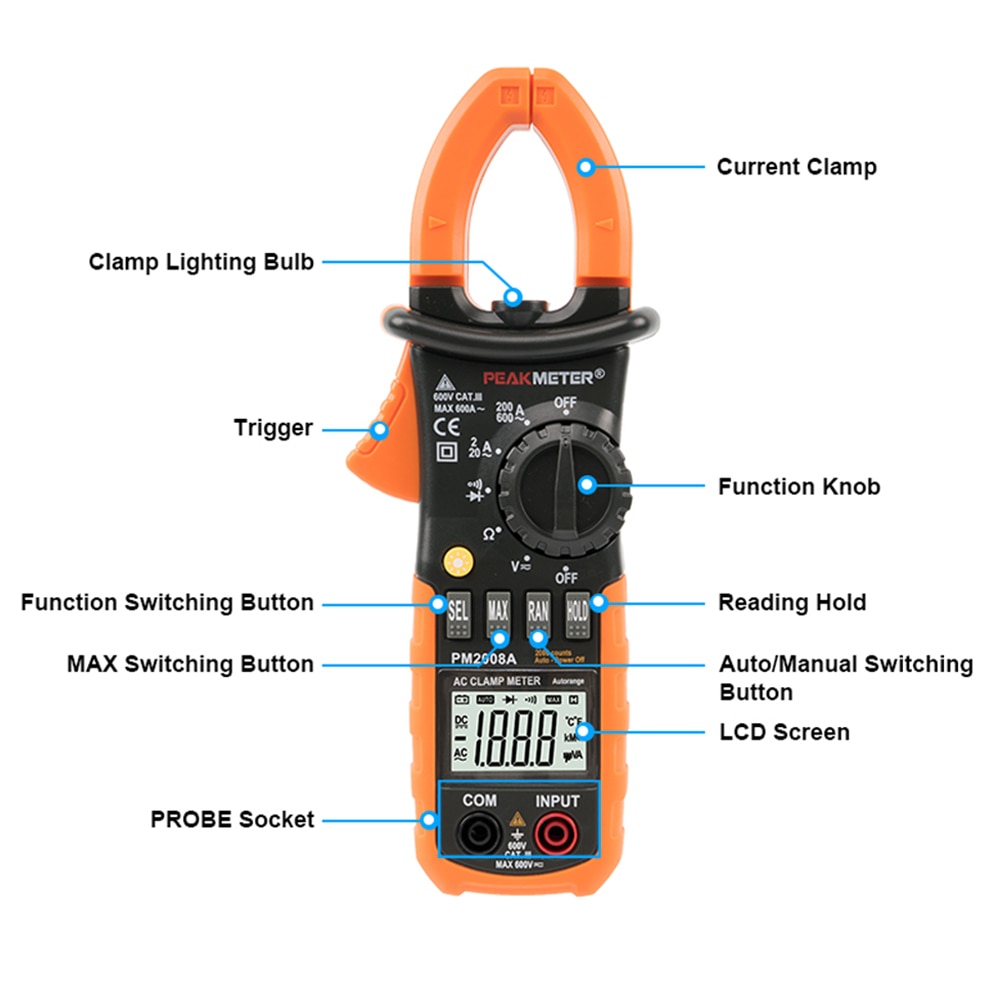 PEAKMETER PM2008A Digital Clamp Meters Auto Range Clamp Meter Ammeter Voltmeter Ohmmeter W/ LCD Backlight Current Voltage Tester