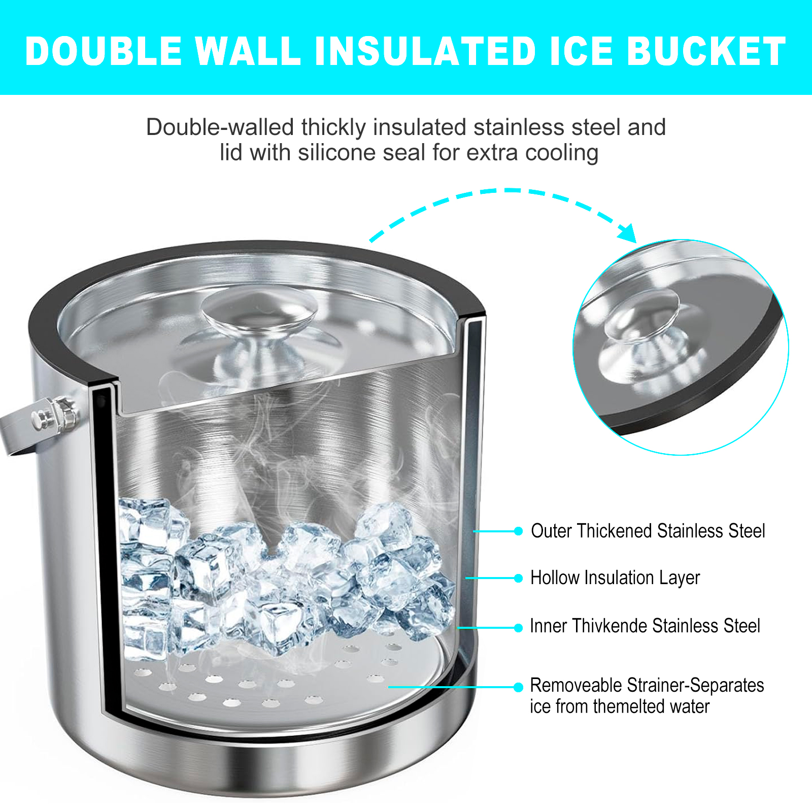 Cubo de hielo de acero inoxidable de doble pared, cubos de cerveza de champán aislados para bares, clubes nocturnos, contenedor de hielo para fiestas nocturnas, 2/3L