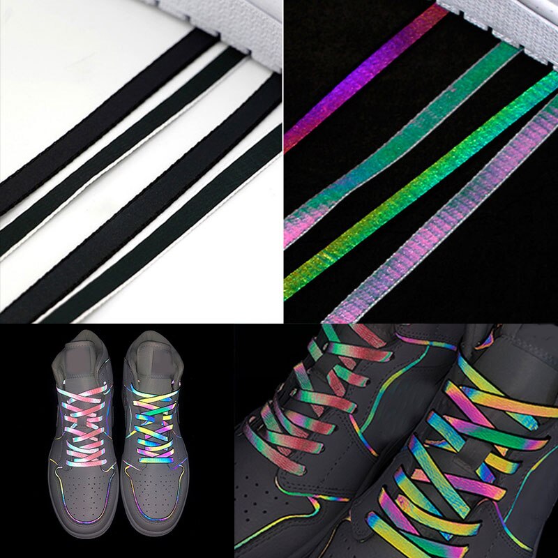Lacets réfléchissants holographiques Double face, chaussures de sport plates très lumineuses,