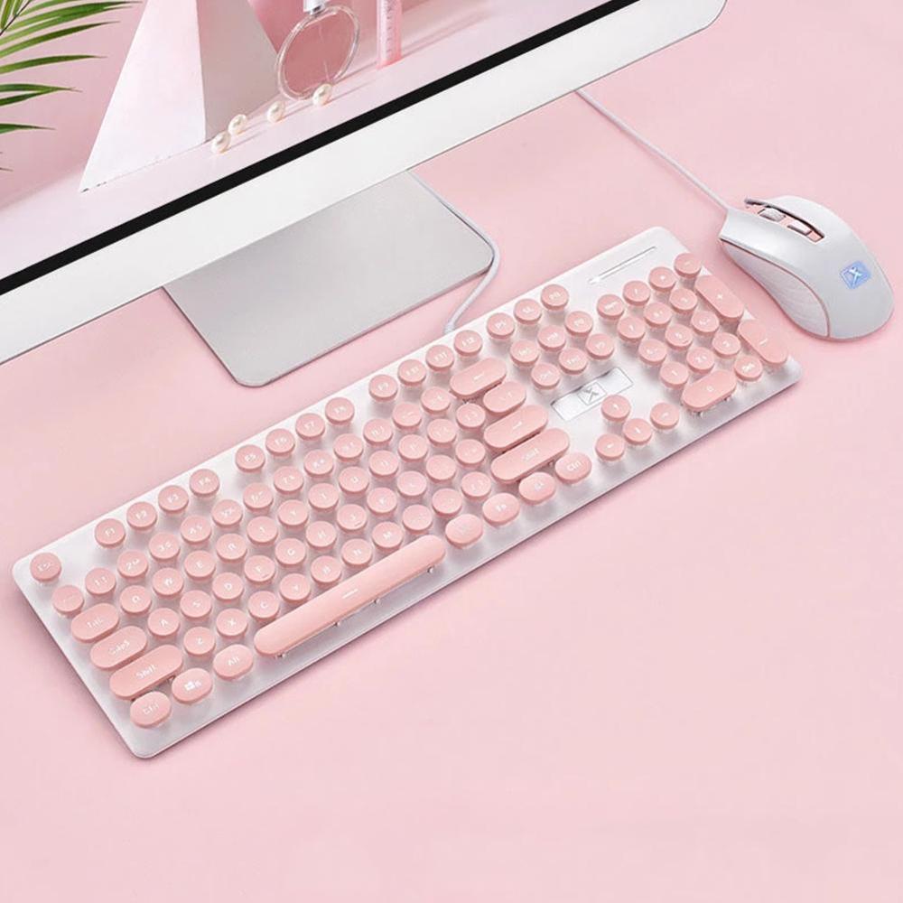 Pink Retro Wired Gaming Keyboard and Mouse Kit Round Laptop For PC Button Keyboard Mouse Steampunk Keycap 1800DPI Multimedi E0E8