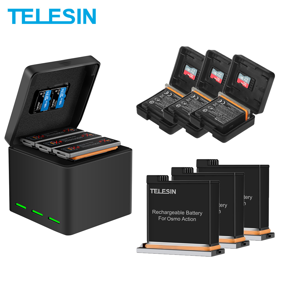 TELESIN 1300mAh Battery + 3 Slots Battery Storage Smart Charger TF Card Storage Box for DJI Osmo Action Camera Accessories