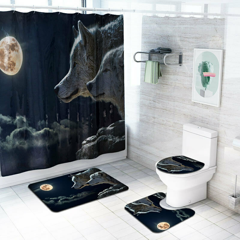 Jul 4 stk/sett baderom moon wolf sklisikker pidestall toalettlokk setetrekk badematte pidestallteppe polyester dusjforheng