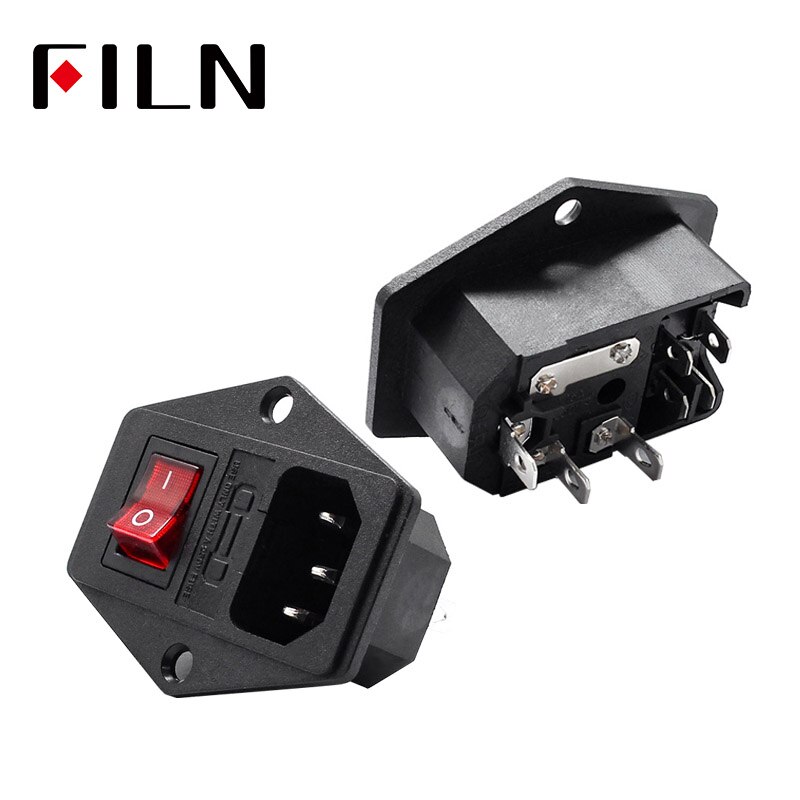 3 Pin iec320 C14 inlet connector plug power socket 250v rocker switch socket red lamp 10A fuse holder socket male connector: AC-08