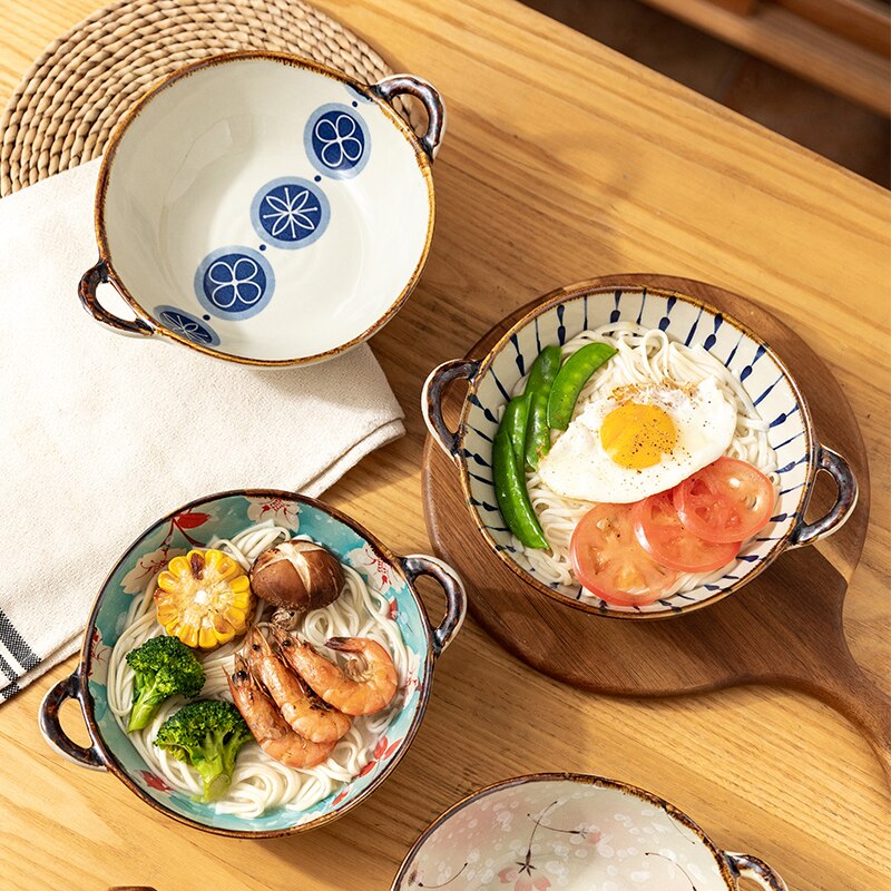 7.5 tommer japansk husholdnings nudelskål keramisk suppeskål med håndtak salat pastaskål kjøkken servise mikrobølgeovn baketøy