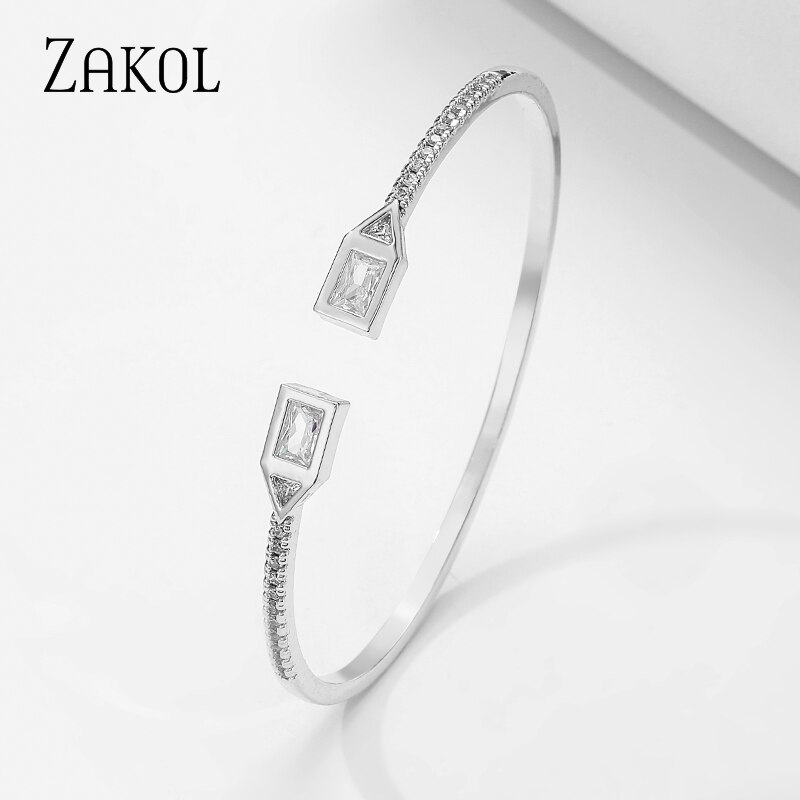 Zakol novo design de metal zircon aberto ajustável manguito pulseiras para mulher cobre menina festa jóias fsbp2212: White