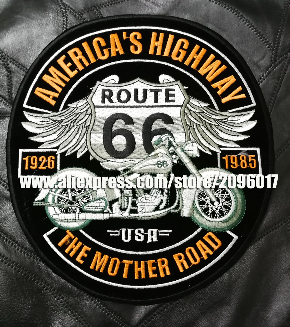 Custom Grote Borduurwerk Punk Amerika Snelweg Patches Biker Motorfiets Ijzer Op Kleding Route 66 Patches Badges
