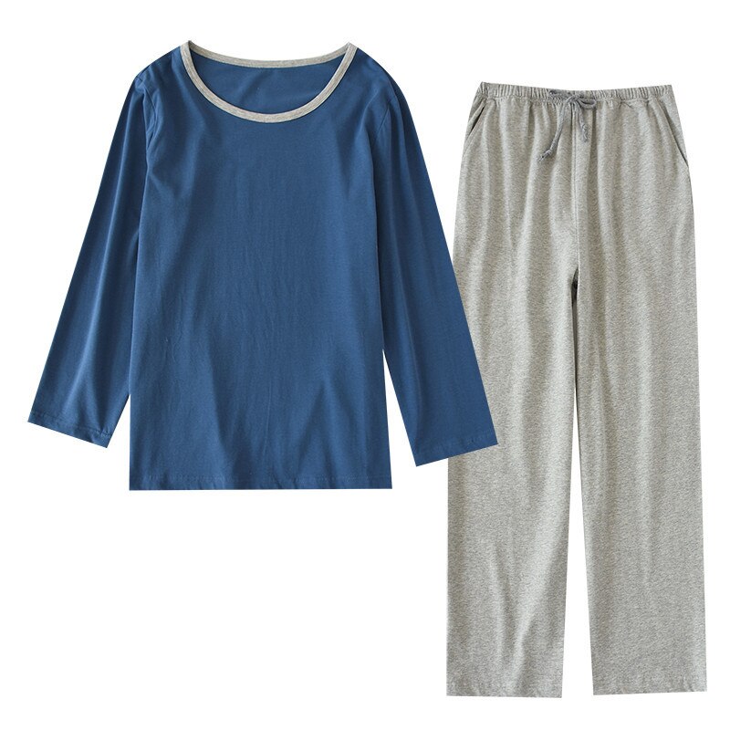 Mens Gebreide 100% Katoenen Pyjama Dunne Lange Mouwen Homewear O-hals Effen Mannen Nachtkleding Plus Size Slaap Set 2 Stuk