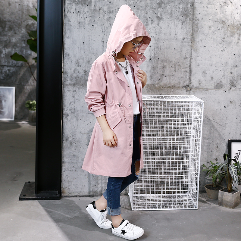 Vår höst tjejer trenchcoat bebis barn ren färg vindjacka kläder huvjacka ytterkläder tonårs lång kappa