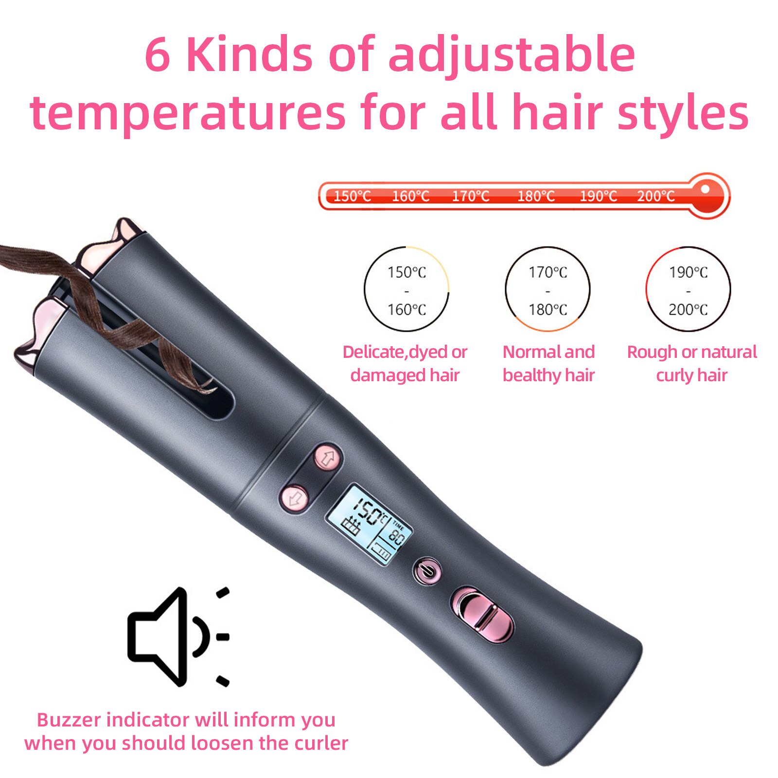 Automatic Hair Curle Portable Cordless USB Electric Hair Curling Wand Roller Iron with 3 Temperature Settings Timer LCD Display