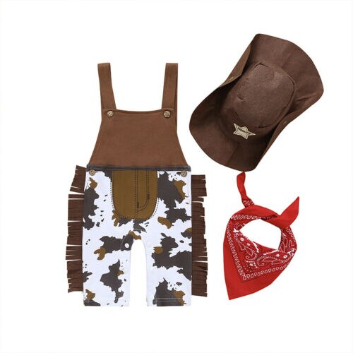 Bébé barboteuse infantile bébé garçon Cowboy tenue ensemble robes barboteuse Dick cowboy chapeau + salive serviette formelle costume 3 pièces