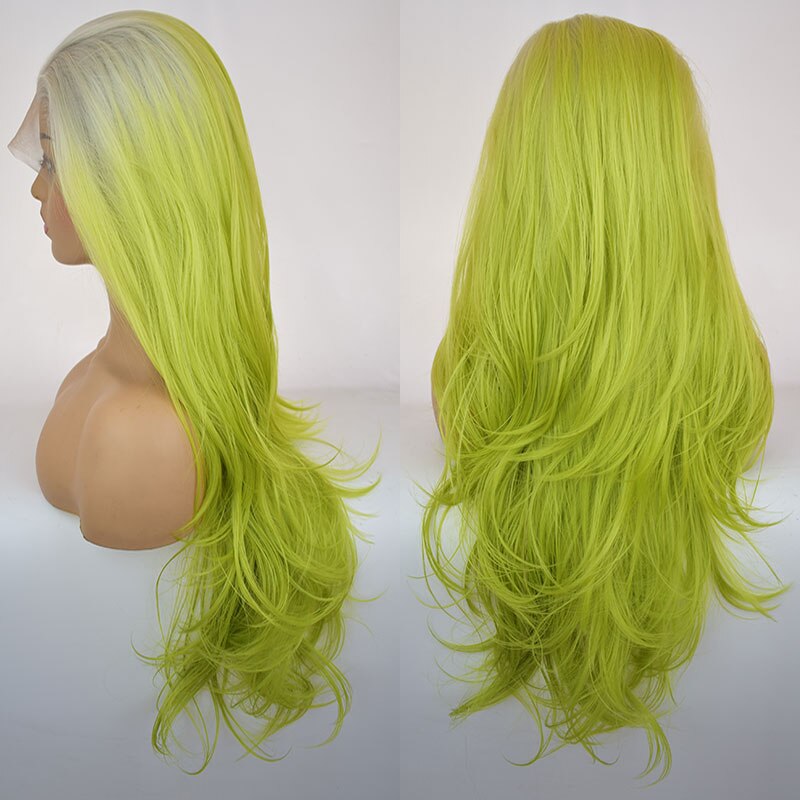 Bombshell White Ombre Green Natural Wave Synthetic Lace Front Wig Glueless Heat Resistant Fiber Hair Side Parting For Women Wigs
