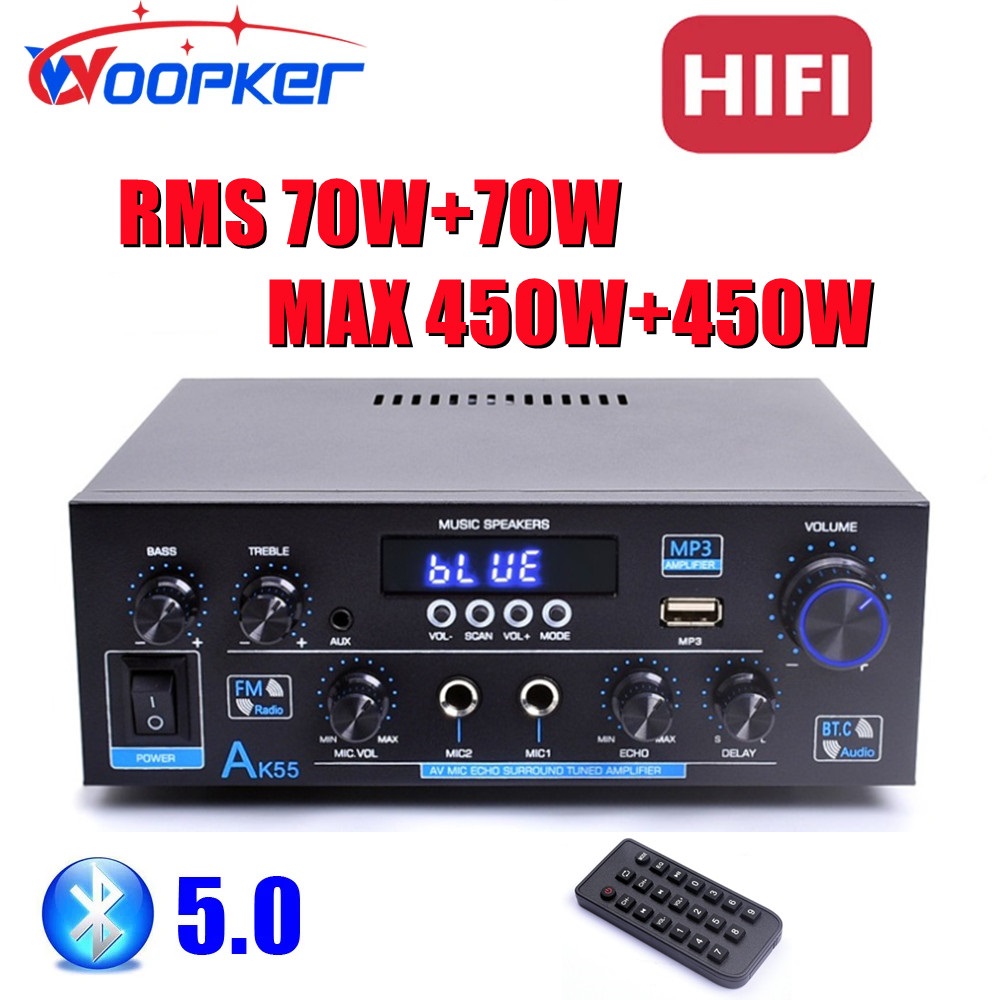Woopker AK55 Bluetooth Amplifier HIFI Digital Sound Amp Channel 2.0 for Home Car Karaoke 110V/220V MAX 450W+450W Subwoofer