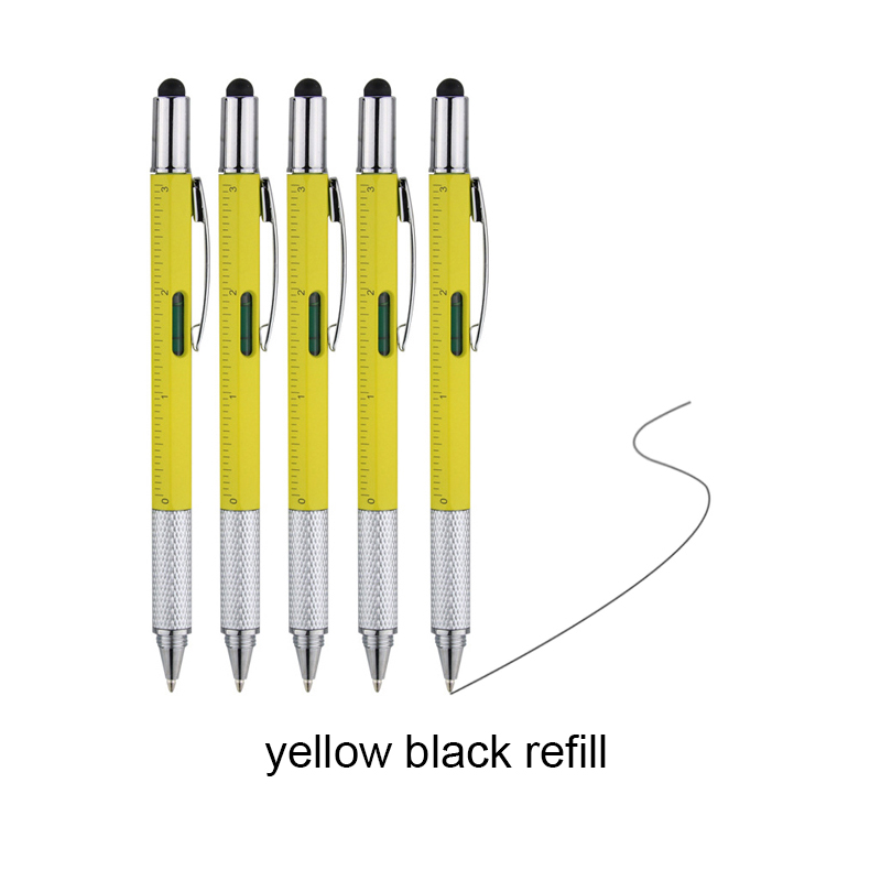 5/10 Stück 7in1 Multifunktionaler Kugelschreiber Handwerkzeug Messtechnik, Lineal, Schraubendreher, Touchscreen-Stift, Wasserwaage: Gelb / 32mm