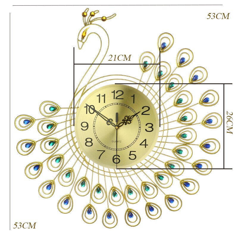53x53cm Diamond Peacock Wall Clock 3D Large Gold Metal Watch for Home Office Living Room Decor DIY Clocks Crafts Ornaments