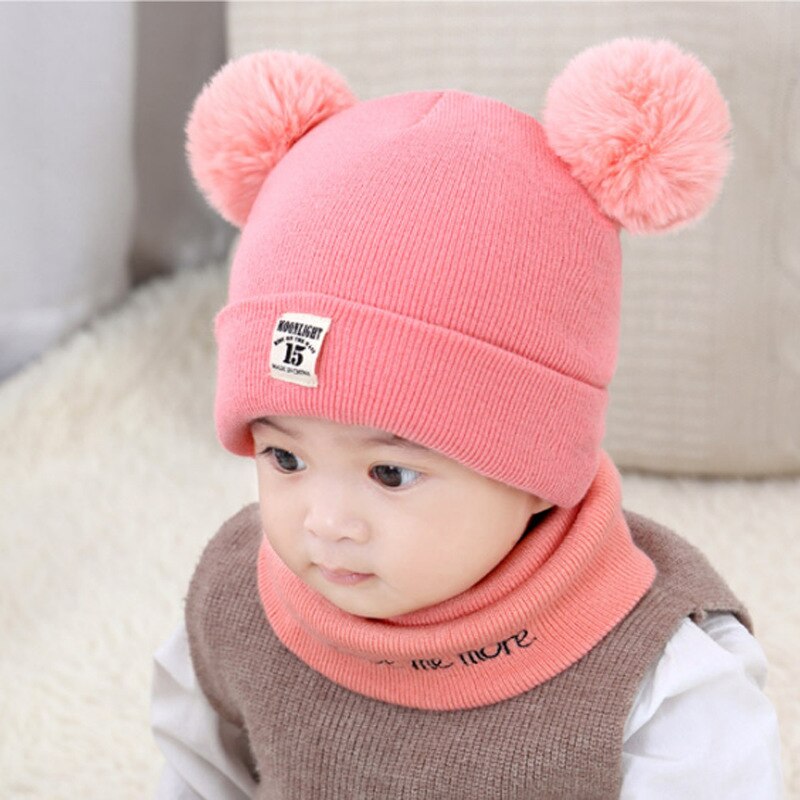 Herfst winter baby mutsen voor kinderen sjaal set pompom meisjes jongens mutsen mutsen kinderen pasgeboren muts: Roze / Sjaal muts