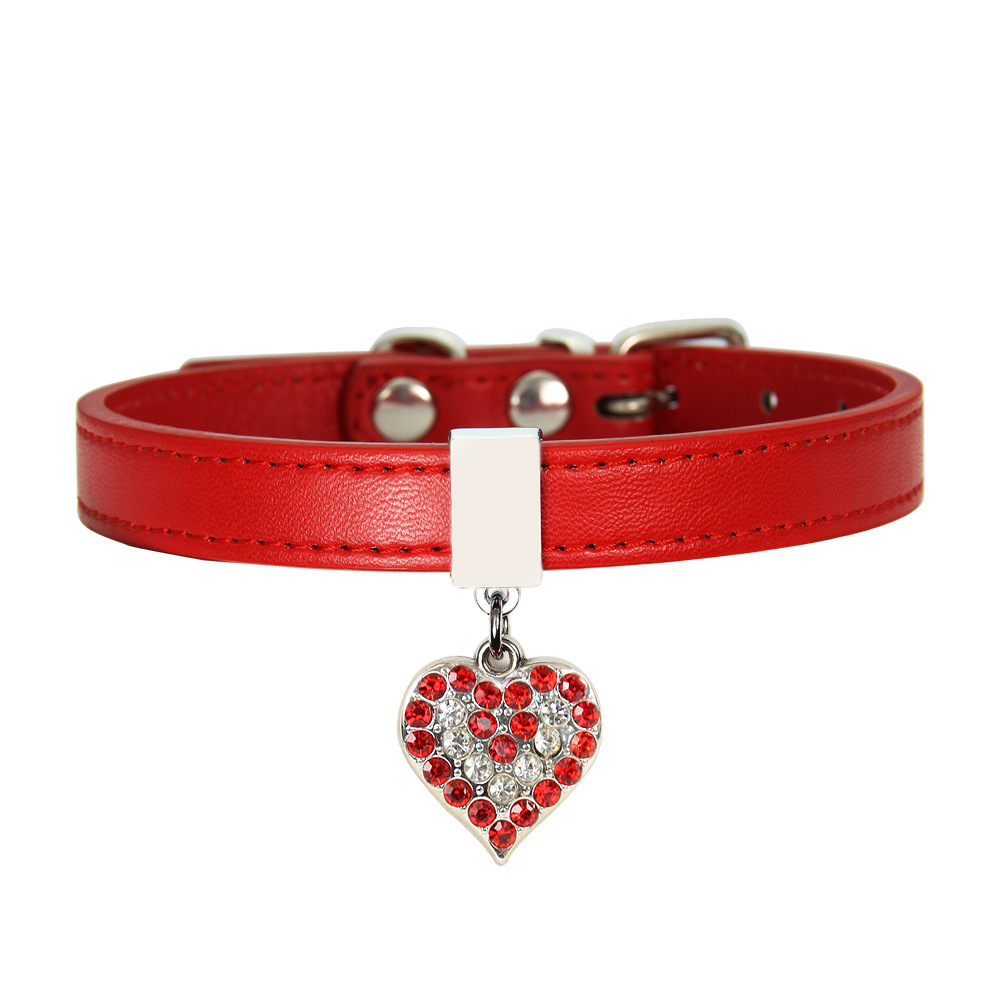 Collar de cuero para perro y gato, Collar ajustable para cachorros y gatitos con estrás, Collar de plomo con corazón ostentoso para gatos pequeños, accesorios para mascotas: red / 1.3x30cm