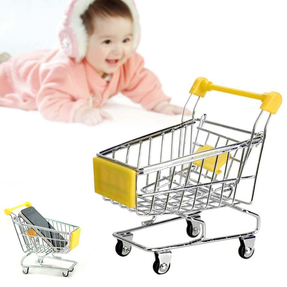 Mini håndkærre i rustfrit stål supermarked shopping børnelegetøj hjælpevogn tilstand opbevaring legetøj telefon madholder sød til børn: Gul