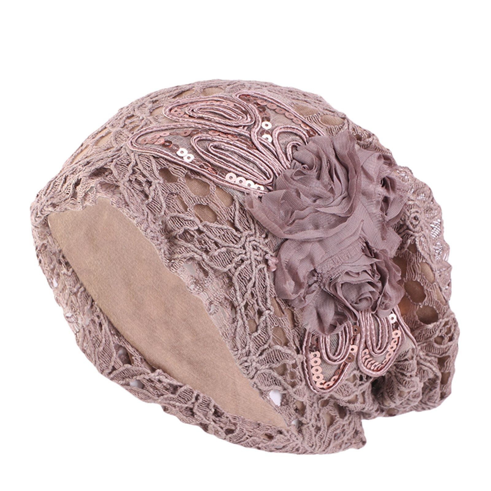 Lady Lace Muslim Ruffle Hat Beanie Scarf Turban Head Wrap Cap Hat Ethnic Style Lace Sequined Large Flower Ear Cap