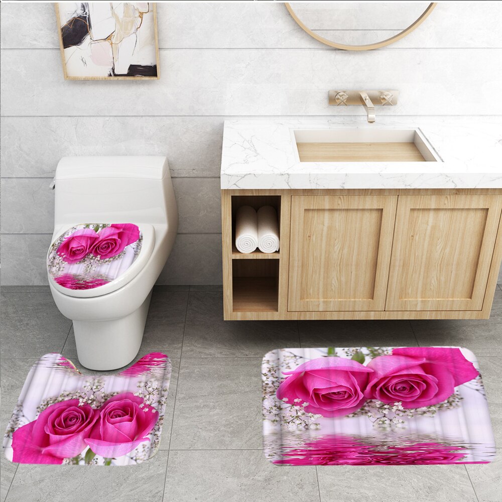 Pink rose vandtæt bruseforhæng badeværelsesmåttesæt toiletlågbetræk tæpper skridsikker brusetæpper sæt brusebadegulvmåtter: 3 stk måtter