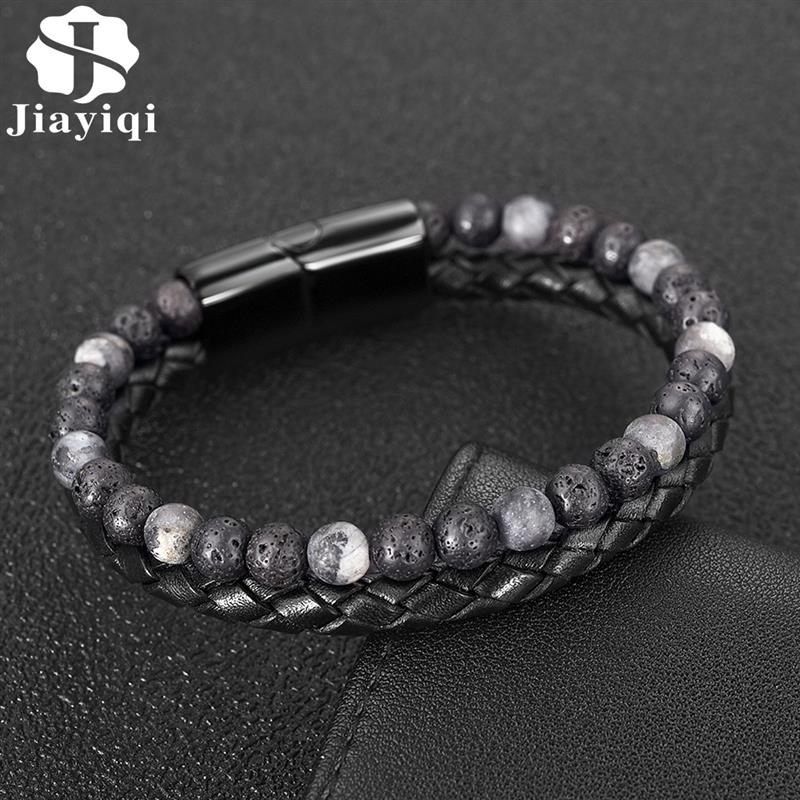 Jiayiqi leren armband, natuursteen kralen armbanden voor heren, roestvrij staal magnetische sluitingen bangle heren sieraden