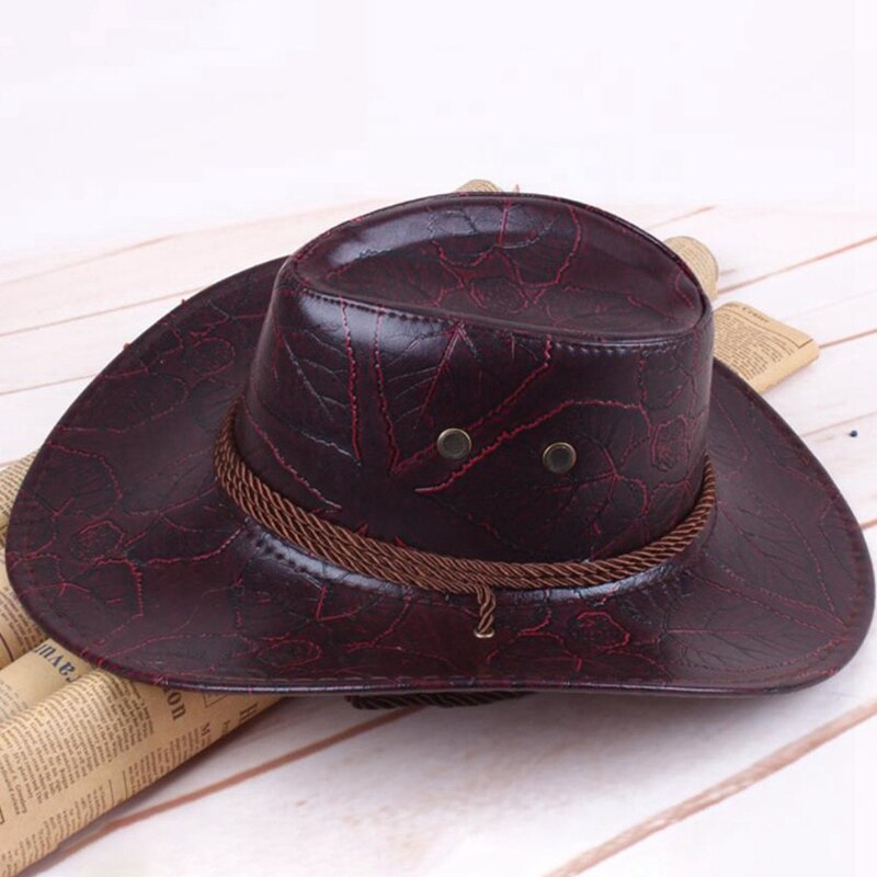 Klassieke western cowboyhoed voor heren en dames, pu-leren brede rand, outdoor zonnehoed met verstelbare vetersluiting, ademende gaten
