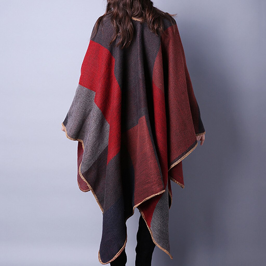 Feminino xadrez cor bloco xale envoltório frente aberta poncho cape cardigan presente de natal malha camisola casaco para o inverno natal feriado