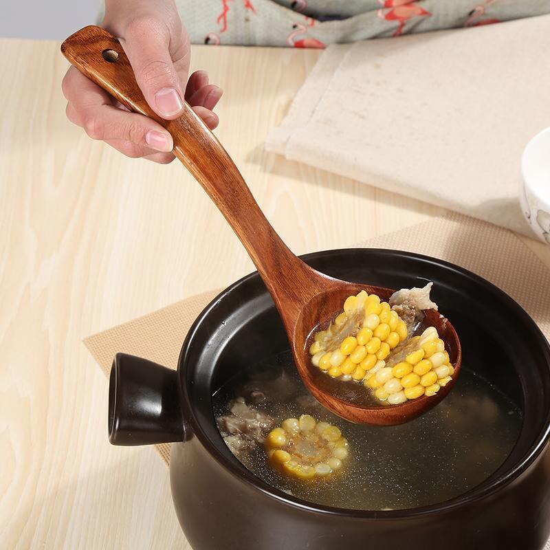 Wooden Large Soup Scoops Long Handle Cooking Scoop Wood Ramen Rice Spoon Soup Ladle Catering Tableware Kitchen Tools