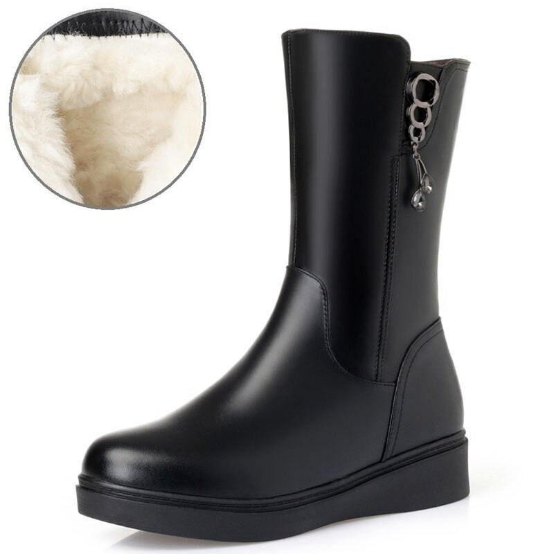 Drkanol isot kokoa 35-43 naisten lumikengät talvisaappaat paksut villaiset lämpimät puolivälissä säärellä varustetut pehmeät nahkaiset matalat kiilakorkoiset puuvillakengät: Luonnon villaa / 6