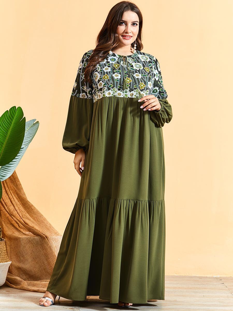 Herfst Winter Jurk Vrouwen Lange Mouw Borduurwerk Bloemen Elegante Jurk Maxi Lange Moslim Jurken Plus Size Islamitische Kleding