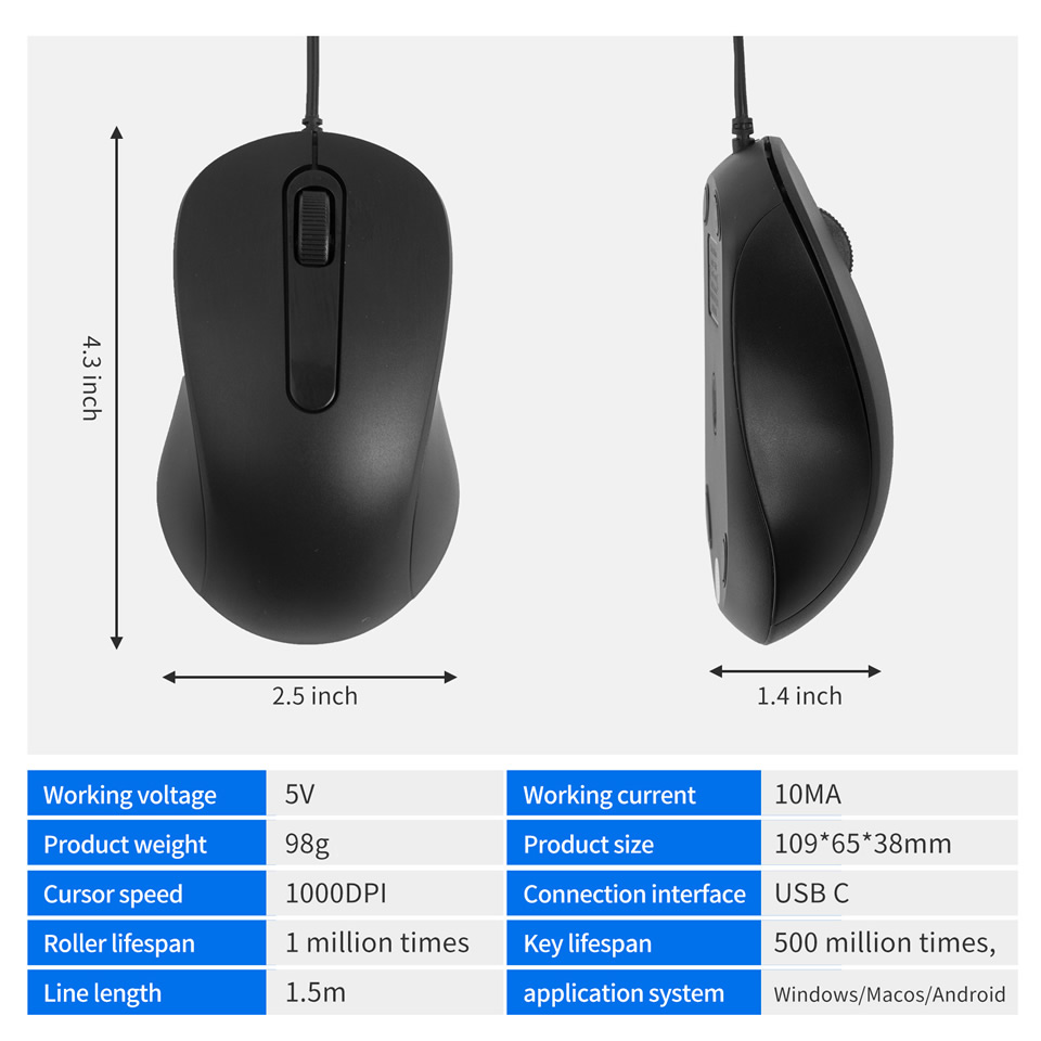 HKXA 3D Type C Wired Mouse Gaming Mouse Silent Ergonomics Optical Mouse 1000 DPI Computer Mouse Gamer for PC/Laptop/Desktop