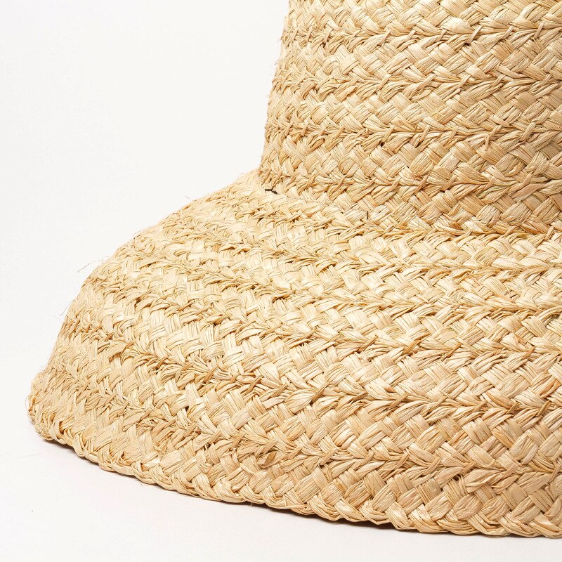 01904-HH7330 Handgemaakte raffia weven Hepburn stijl Lampenkap vorm dame platte emmer hoed Outdoor vrouwen strand cap