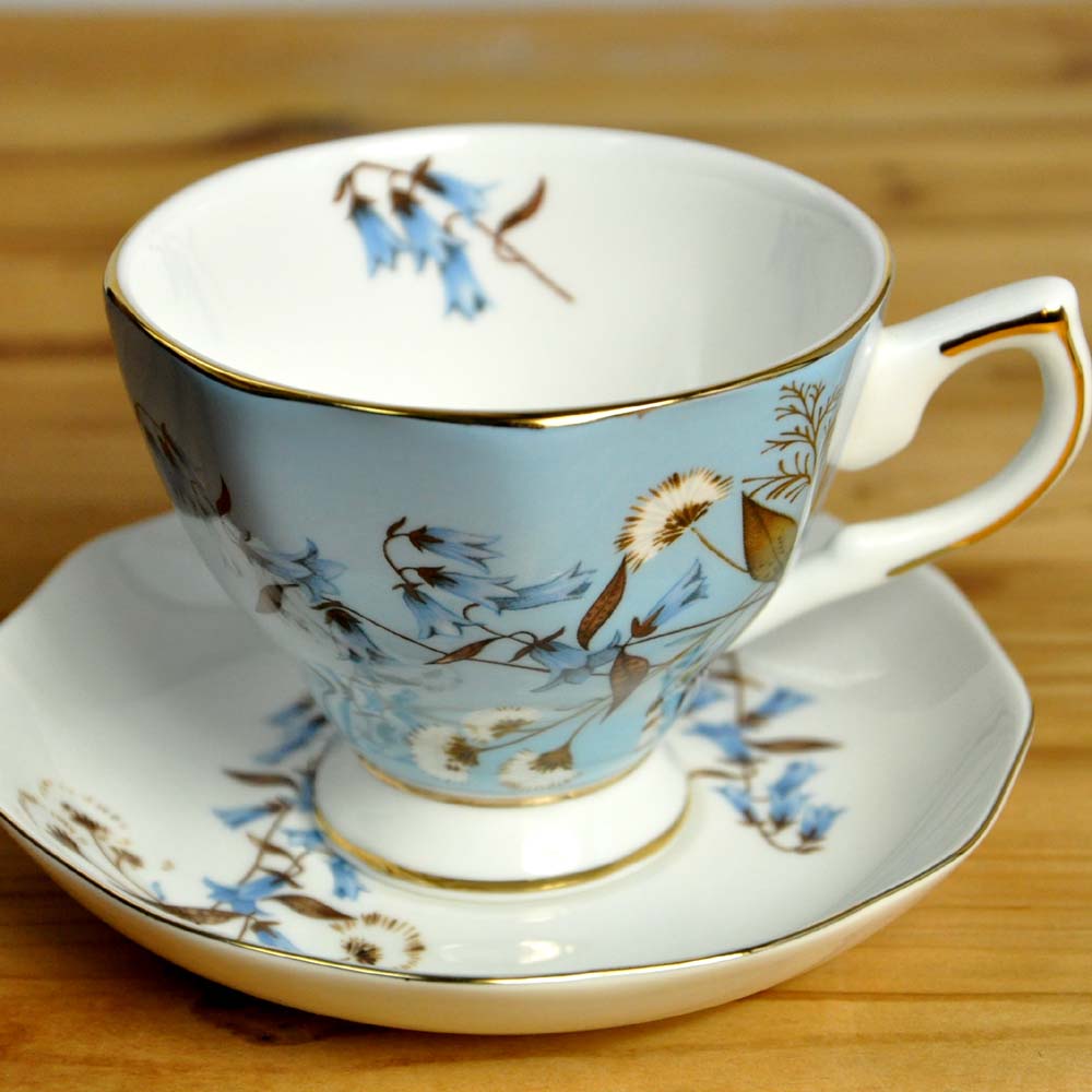 Bone porcelæn ,1 kop +1 underkop, eftermiddagste sæt, keramik til kaffe og puer/sort/frugt/blomst te, blå klokkeblomst