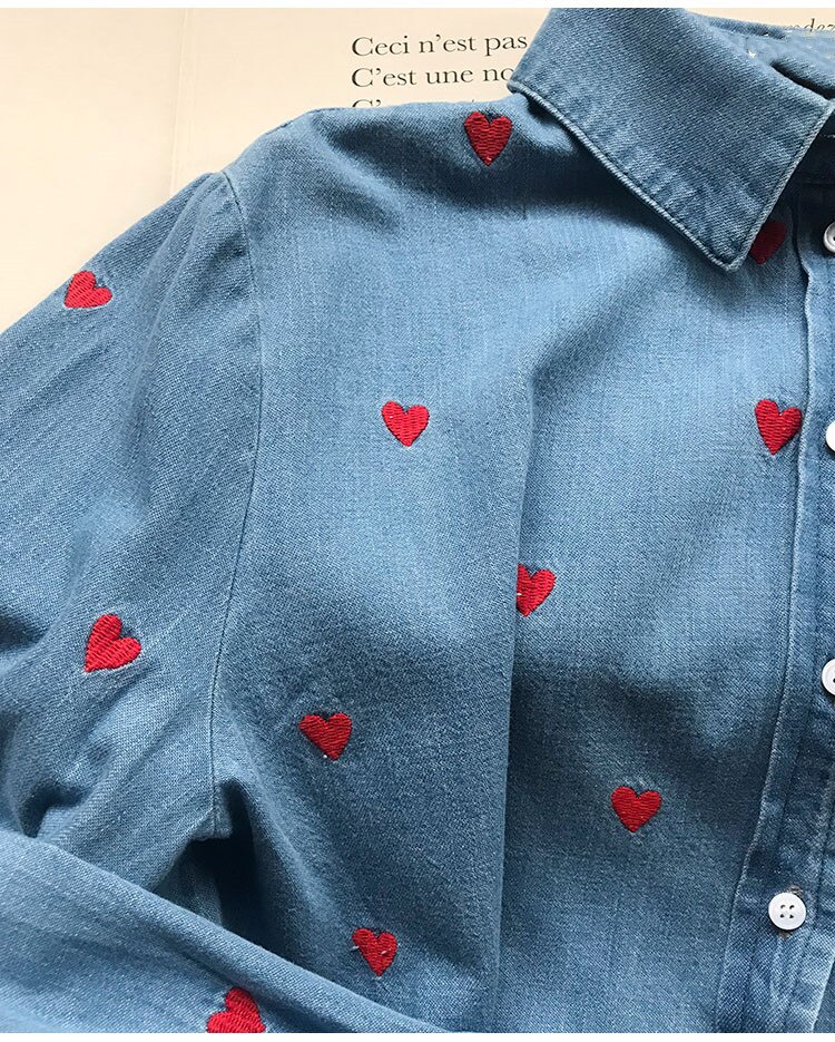 Chemisier brodé coeur rouge pour femmes, simple boutonnage, manches longues, frais, printemps