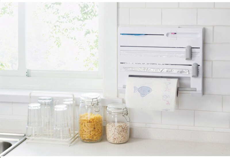 Wall Mounted Roll Distributor Wall Mounted For Multi-function Film Cutter Roll Tin Sheet Cling Film Wall Holder